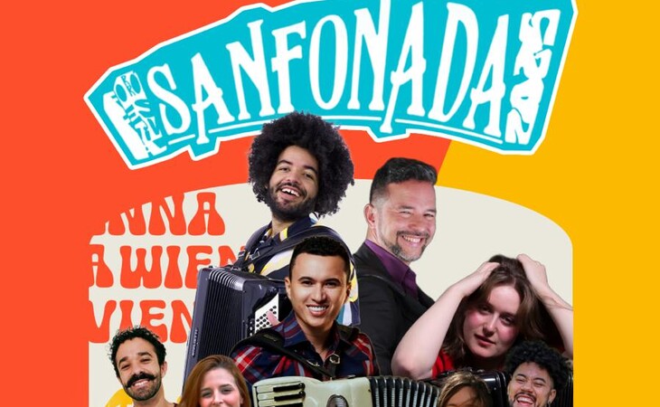 Ein Poster der Sanfonadas, einer mexikanischen Folk-Band, mit einer Gruppe lächelnder Menschen, wobei eine Person Akkordeon spielt. Der Text auf dem Poster lautet: „Sanfónadas – A Wifes Vien